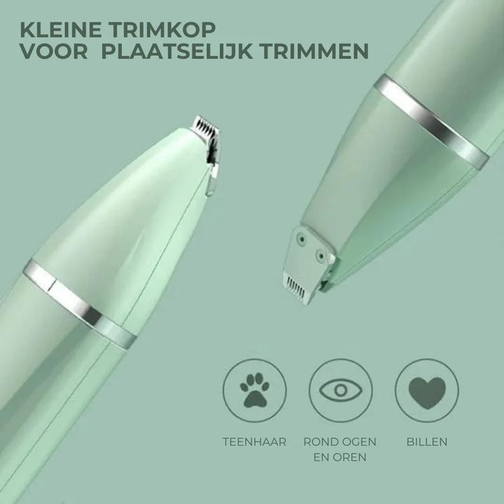 4-i-1 kæledyrsplejetrimmer til pels- og klopleje, kompakt design, ideel til kæledyr, ergonomisk, støjsvag.