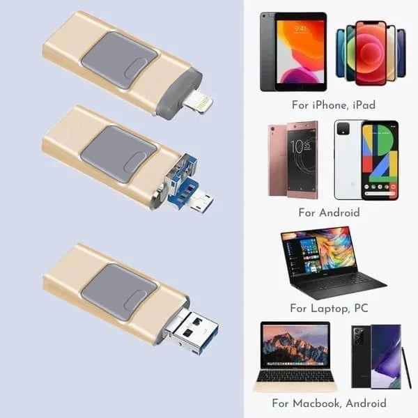 4-i-1 USB-flashdrev, multifunktionelt, høj hastighed, robust sølvhus, universel kompatibilitet.