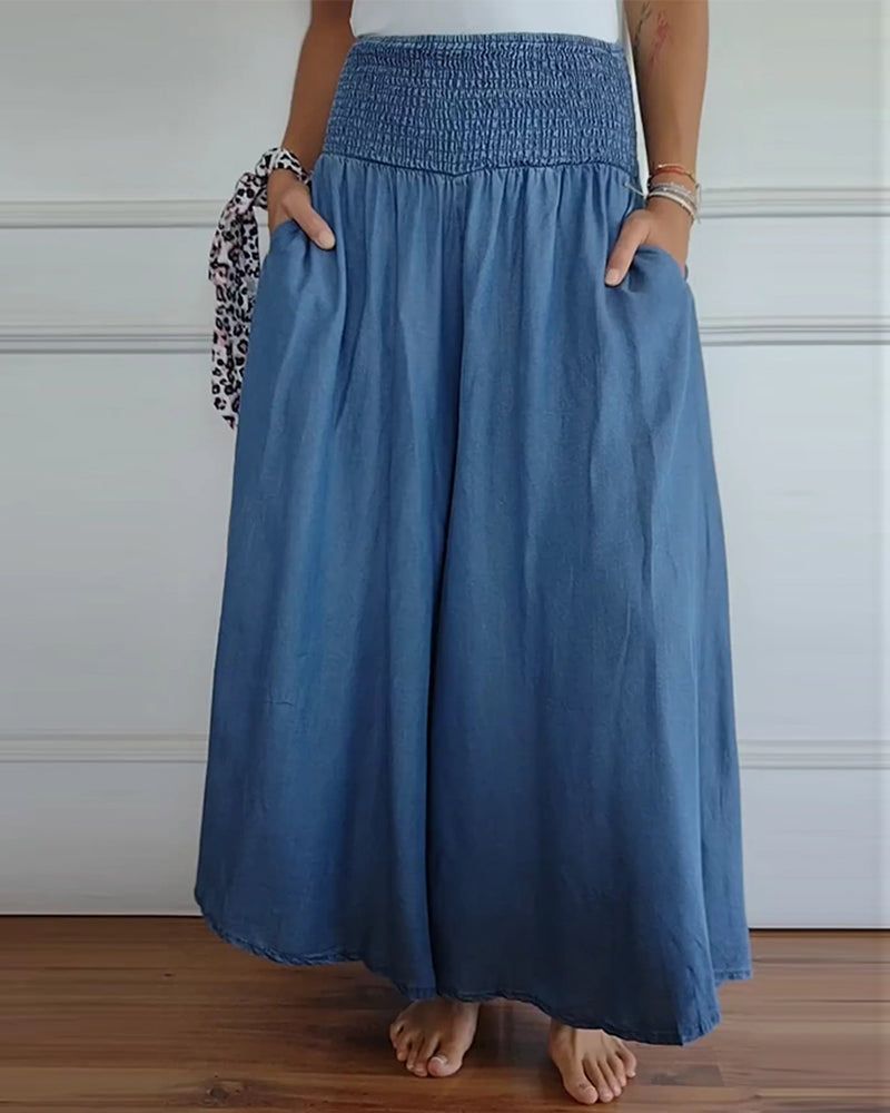 Dame løse bukser med høj elastisk talje. Komfortabel bred pasform med vide ben, perfekt til sommer og casual stil.