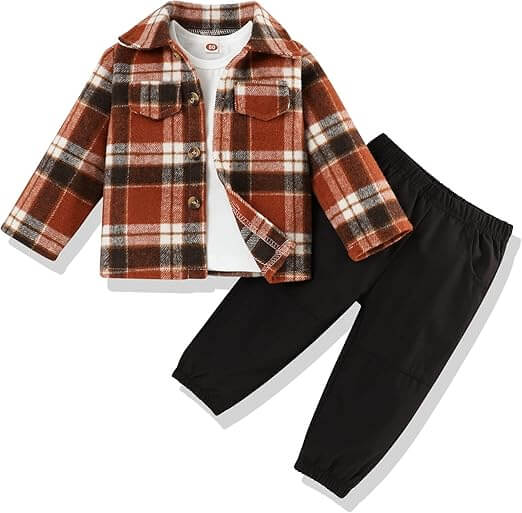 Børne 3-delt Sæt: Flannel Skjorte, T-shirt & Bukser