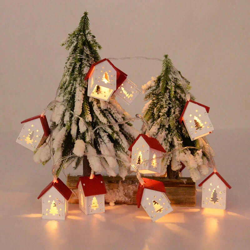 LED træhus juledekoration med varmt hvidt lys