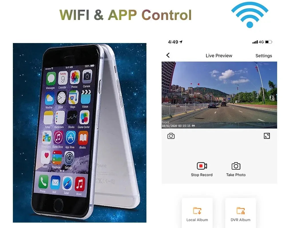 Bilkamera med 4K opløsning, indbygget GPS og Wi-Fi til hurtig dataoverførsel. En del af bil elektronik.