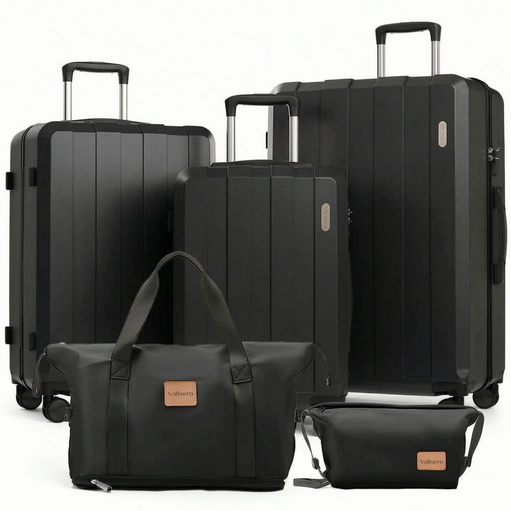 Robust 5-delt hårdt kuffertsæt til bagage. Ideelt rejsesæt med rullekuffert og tasker i diverse farver.