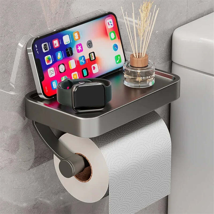 Toiletpapirholder i rustfrit stål med hylde