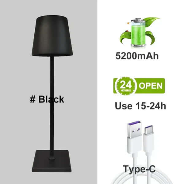 Dæmpbar LED bordlampe i aluminium med batteri og touchstyring
