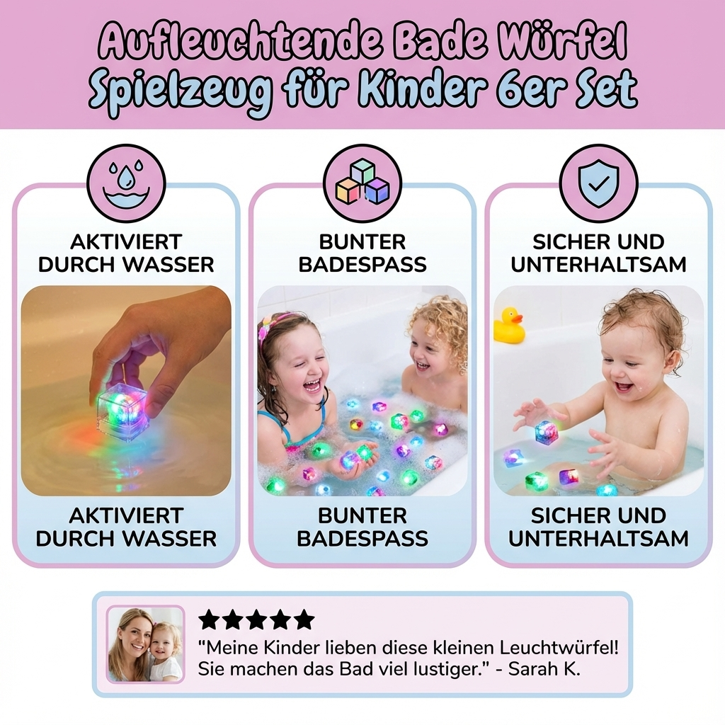 Børn leger med LED-badekugler i vandet, der lyser op og skaber en magisk stemning under badetid.
