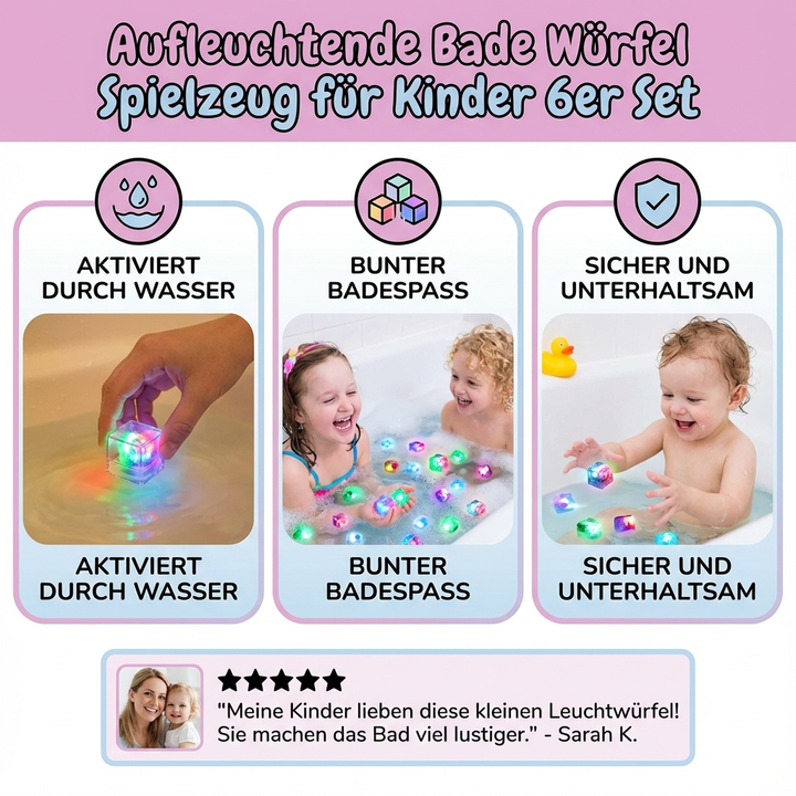 Børn leger med LED-badekugler i vandet, der lyser op og skaber en magisk stemning under badetid.