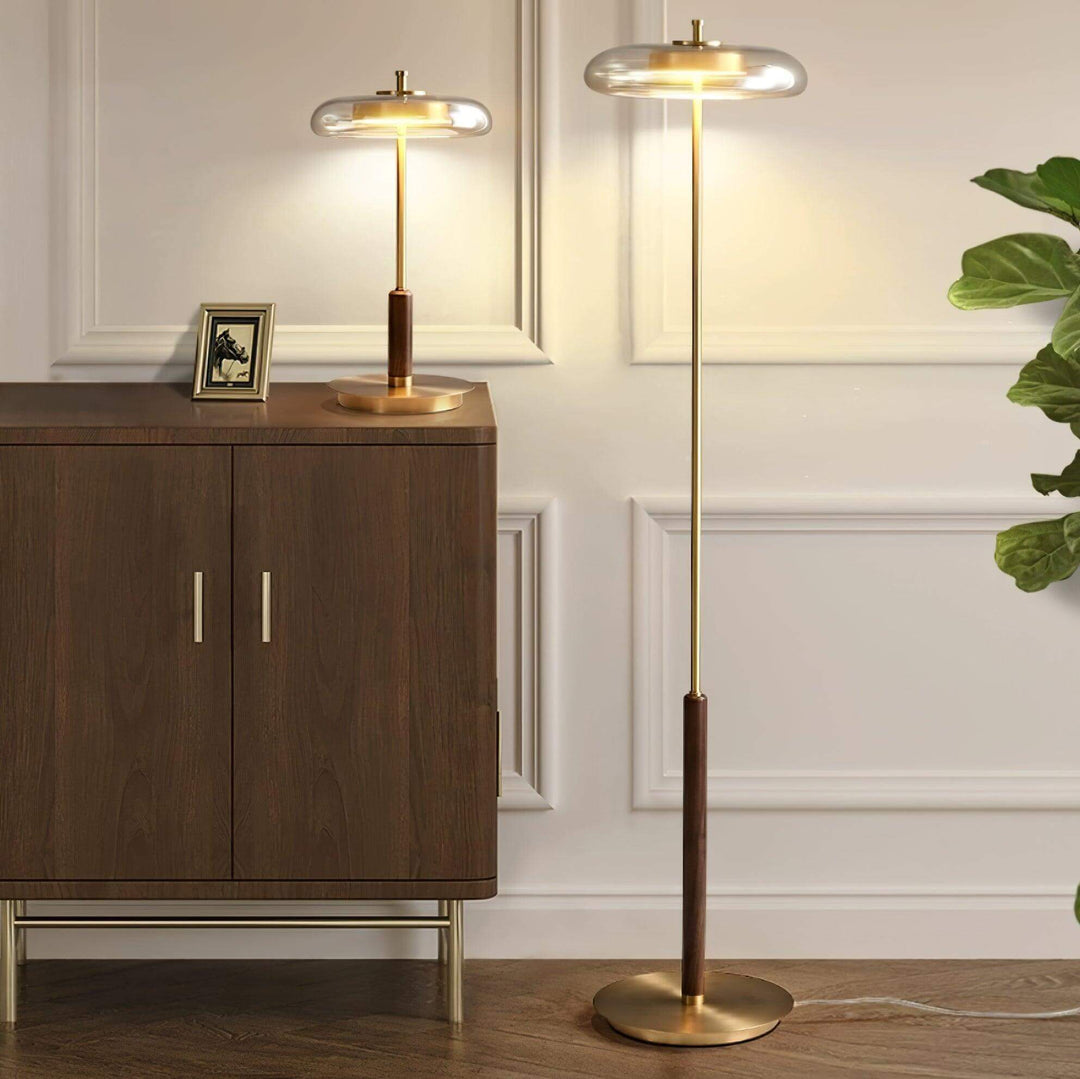 Moderne Designer Bordlampe i Glas, Træ og Metal
