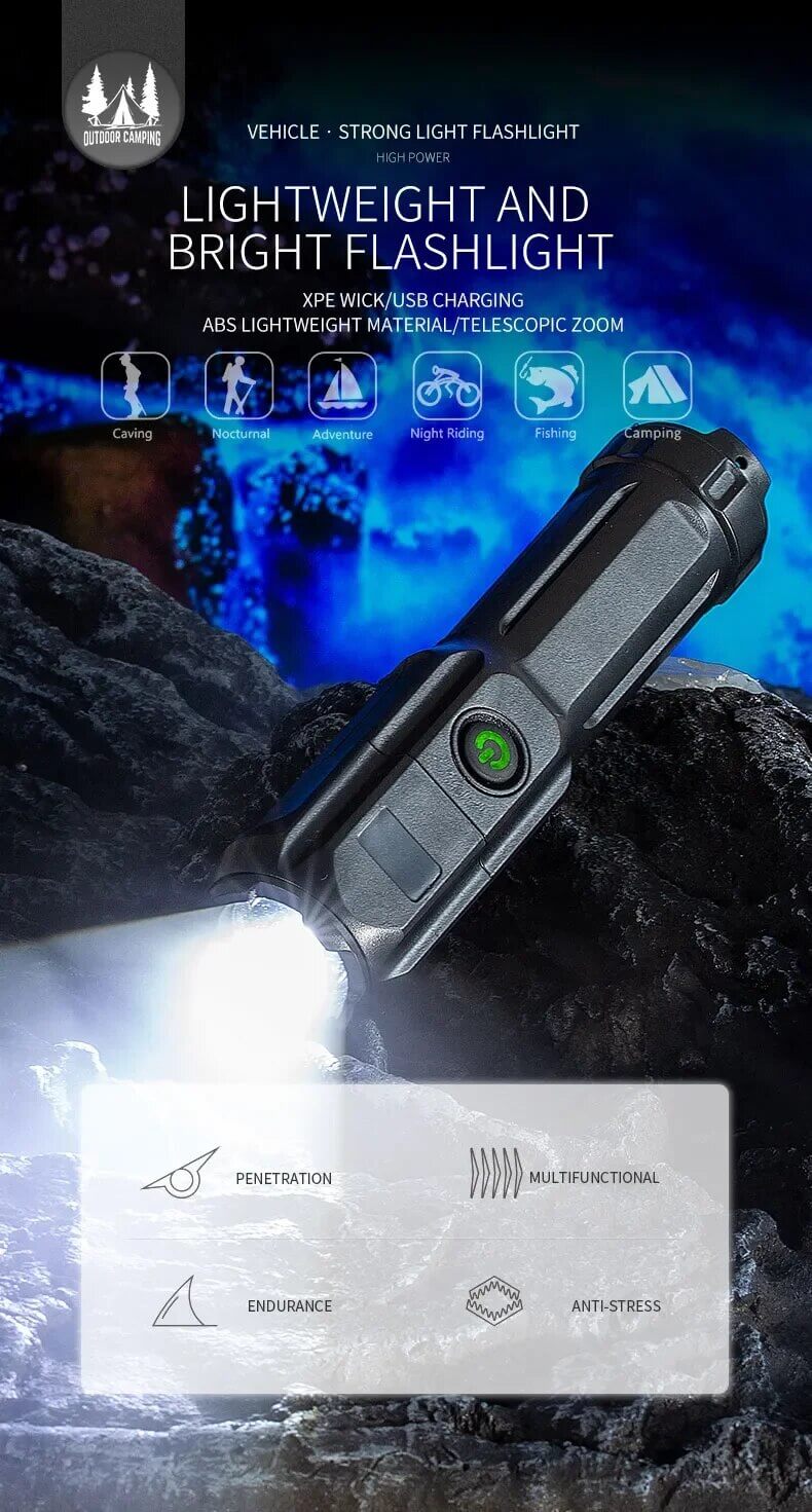 Kraftfuld LED-lommelygte med Zoom og USB-opladning