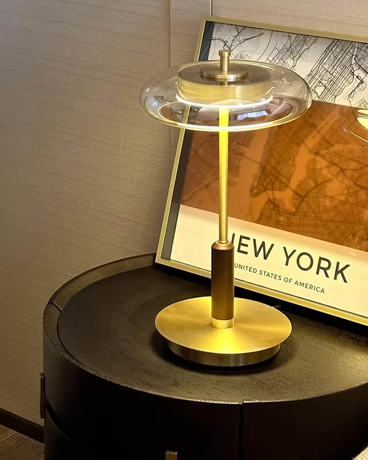 Moderne Designer Bordlampe i Glas, Træ og Metal