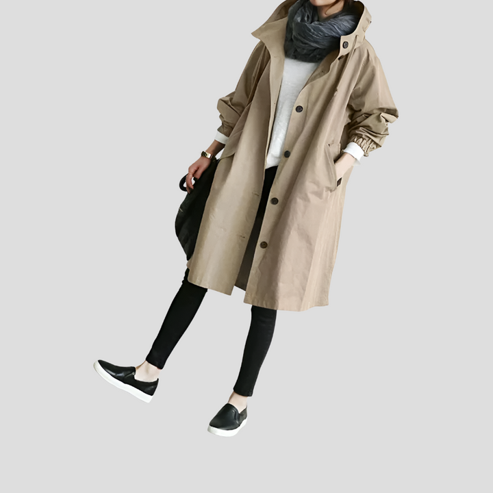 Kvinders yderbeklædning: Oversized vandafvisende mellemlang trenchcoat. Perfekt til alle vejrtyper.