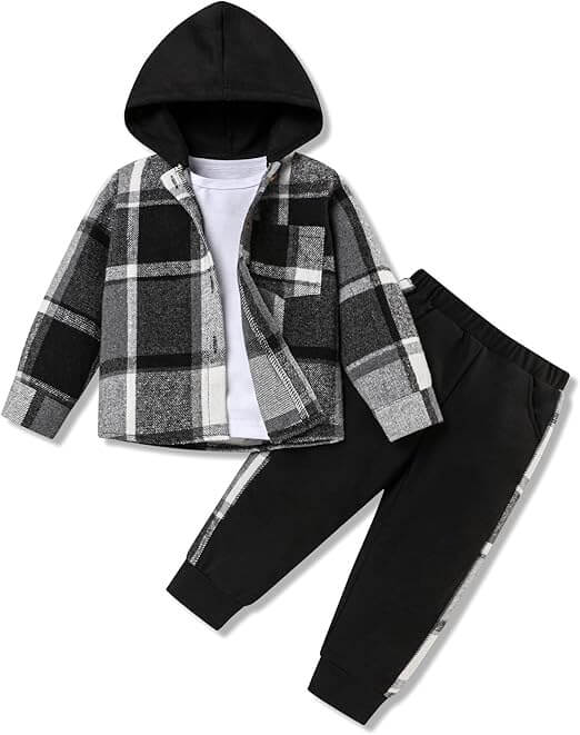Børne 3-delt Sæt: Flannel Skjorte, T-shirt & Bukser