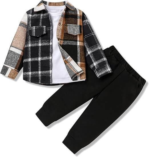 Børne 3-delt Sæt: Flannel Skjorte, T-shirt & Bukser