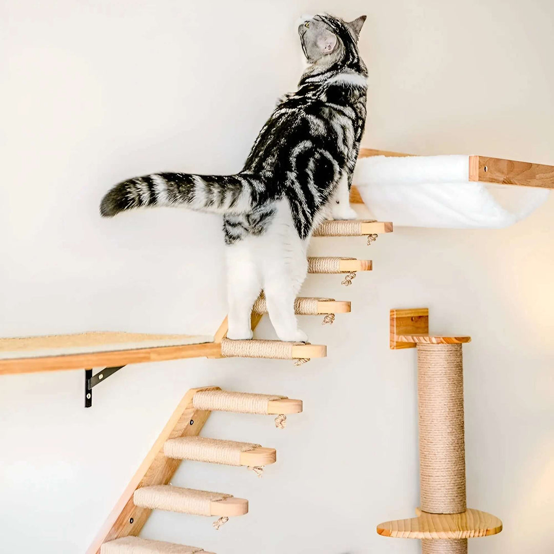 Væghængt klatrebræt med kradsestolpe til katte