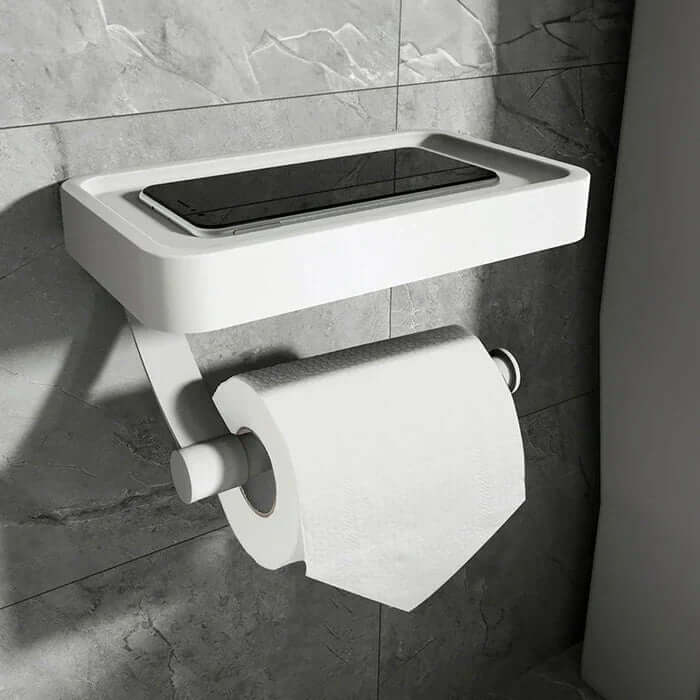 Toiletpapirholder i rustfrit stål med hylde