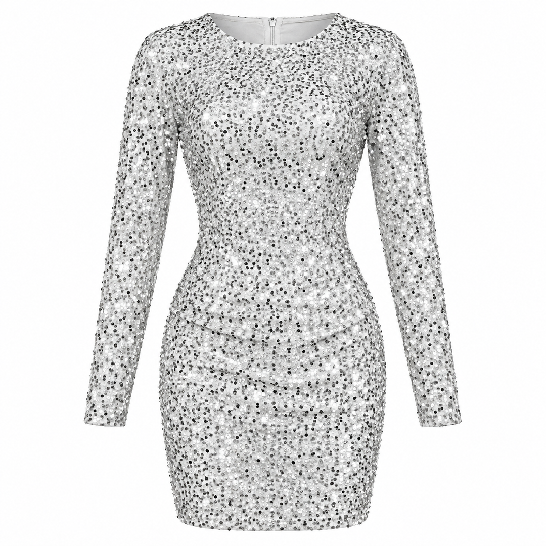 Moderne bodycon festkjole til damer med lange ærmer og fuld pailletudsmykning. Chic minikjole.