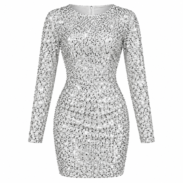 Moderne bodycon festkjole til damer med lange ærmer og fuld pailletudsmykning. Chic minikjole.