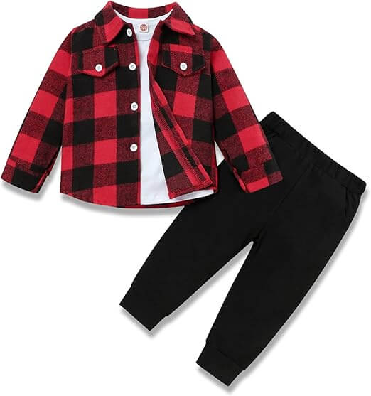 Børne 3-delt Sæt: Flannel Skjorte, T-shirt & Bukser