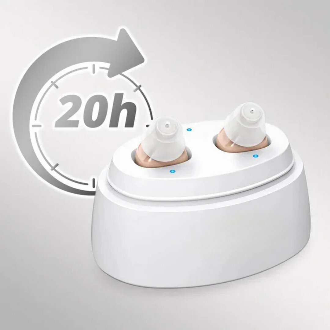 Ergonomisk designet diskret høreapparat, der sidder komfortabelt og giver klar hørelse til voksne.