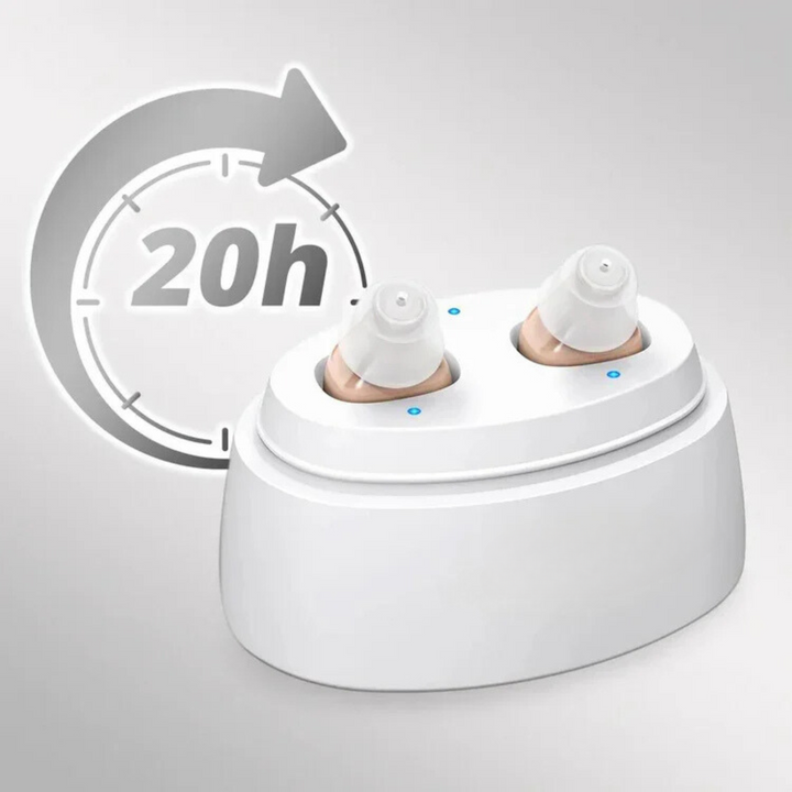 Ergonomisk designet diskret høreapparat, der sidder komfortabelt og giver klar hørelse til voksne.