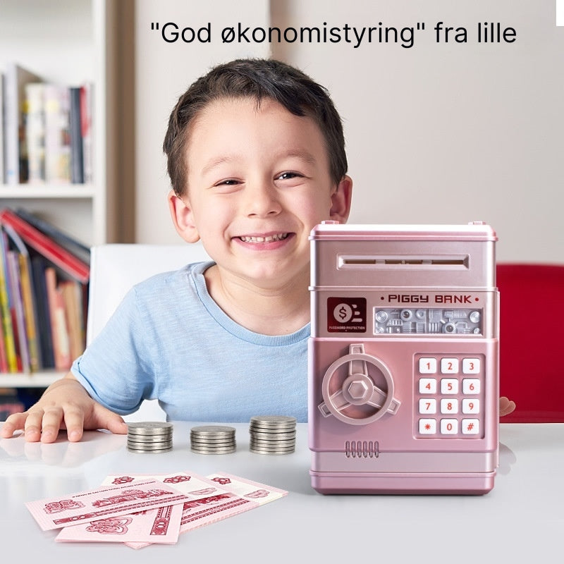 Børns legetøj: Elektronisk pengebank med seddelindføring og kode. Perfekt for små spare-entusiaster.