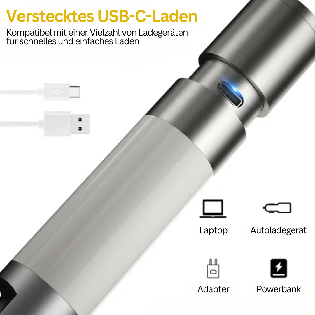 LED-lommelygte, 1000 lumen, 4 tilstande, USB-C