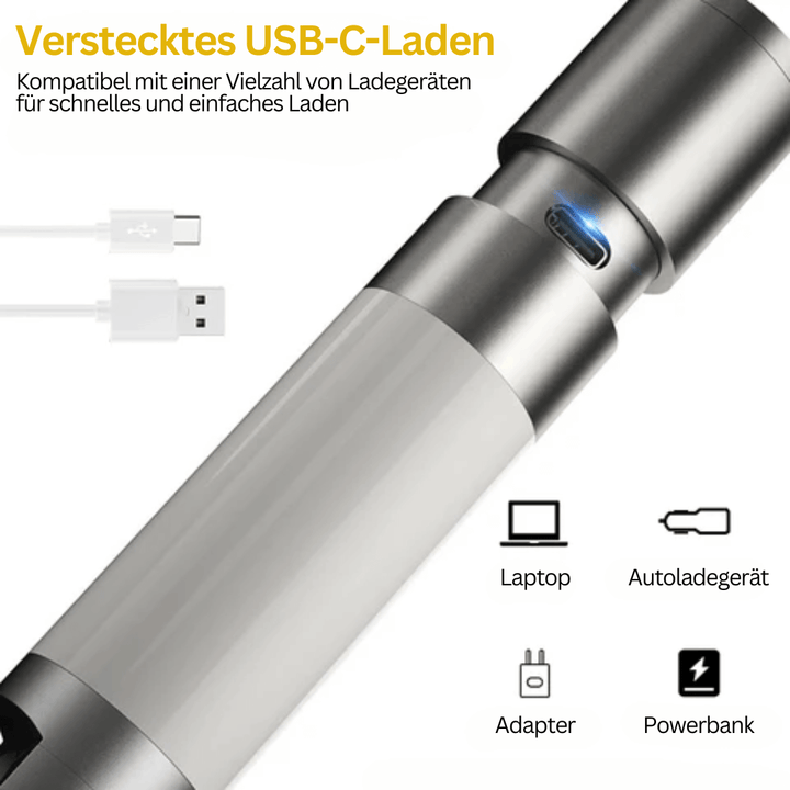 LED-lommelygte, 1000 lumen, 4 tilstande, USB-C