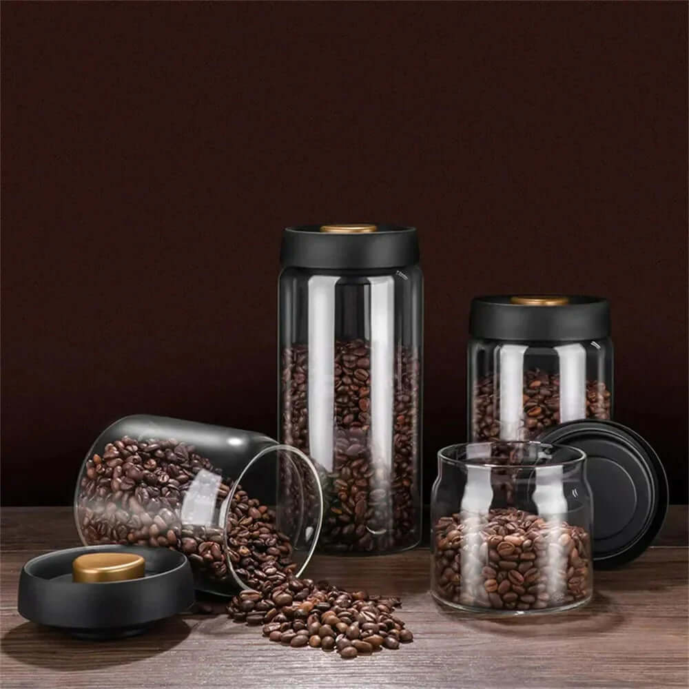 Kaffebønnebeholder i glas med aromaforsegling