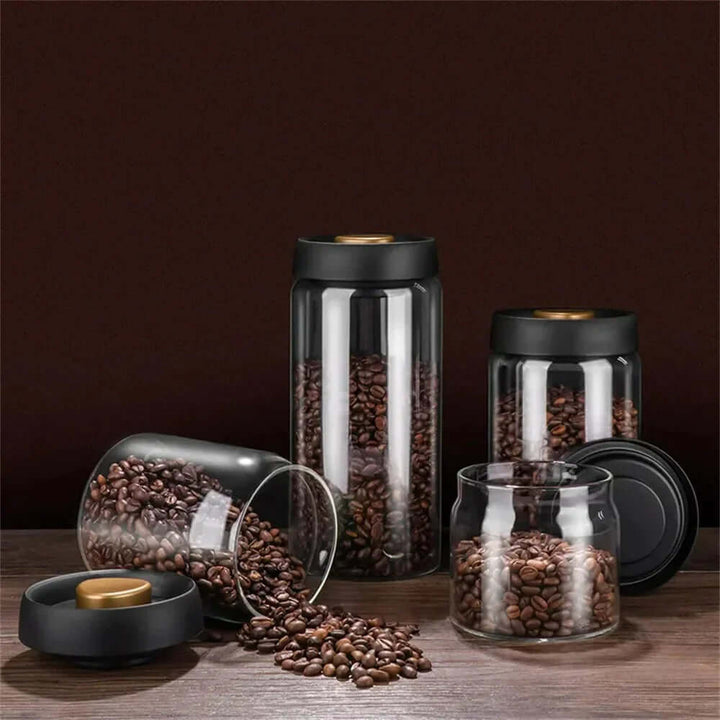 Kaffebønnebeholder i glas med aromaforsegling