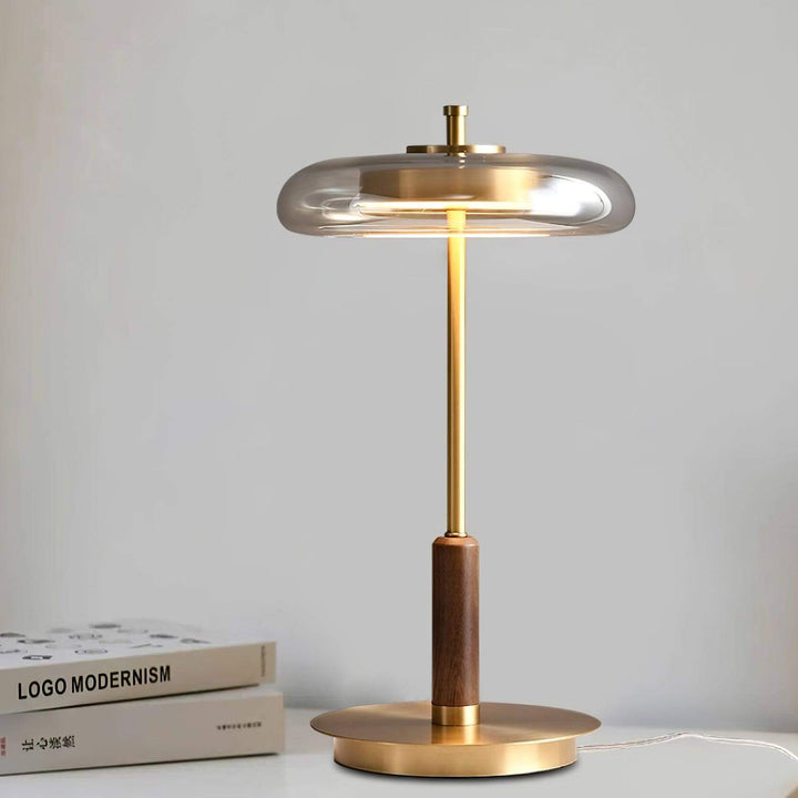 Moderne Designer Bordlampe i Glas, Træ og Metal