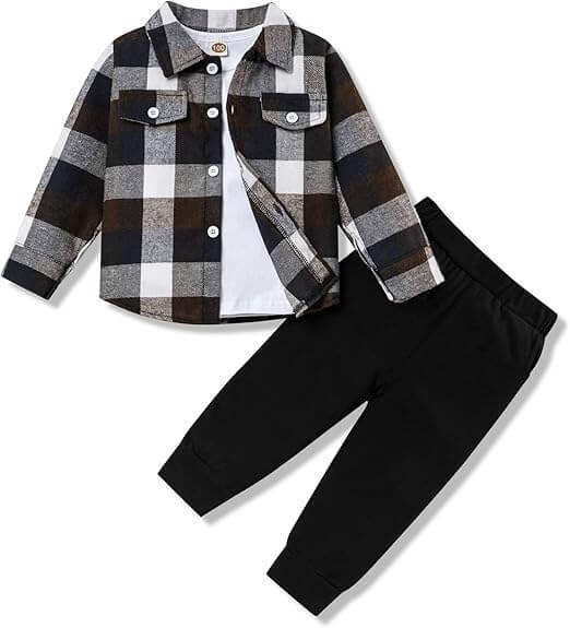 Børne 3-delt Sæt: Flannel Skjorte, T-shirt & Bukser