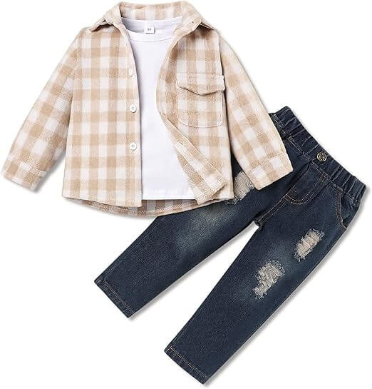 Børne 3-delt Sæt: Flannel Skjorte, T-shirt & Bukser