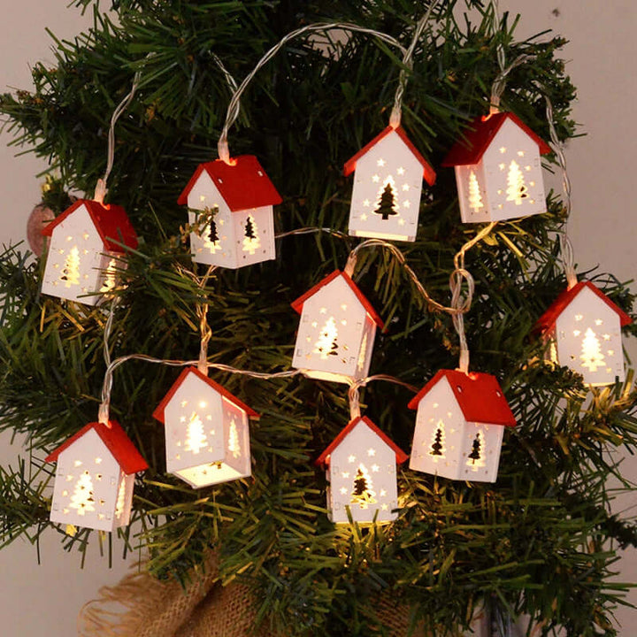 LED træhus juledekoration med varmt hvidt lys