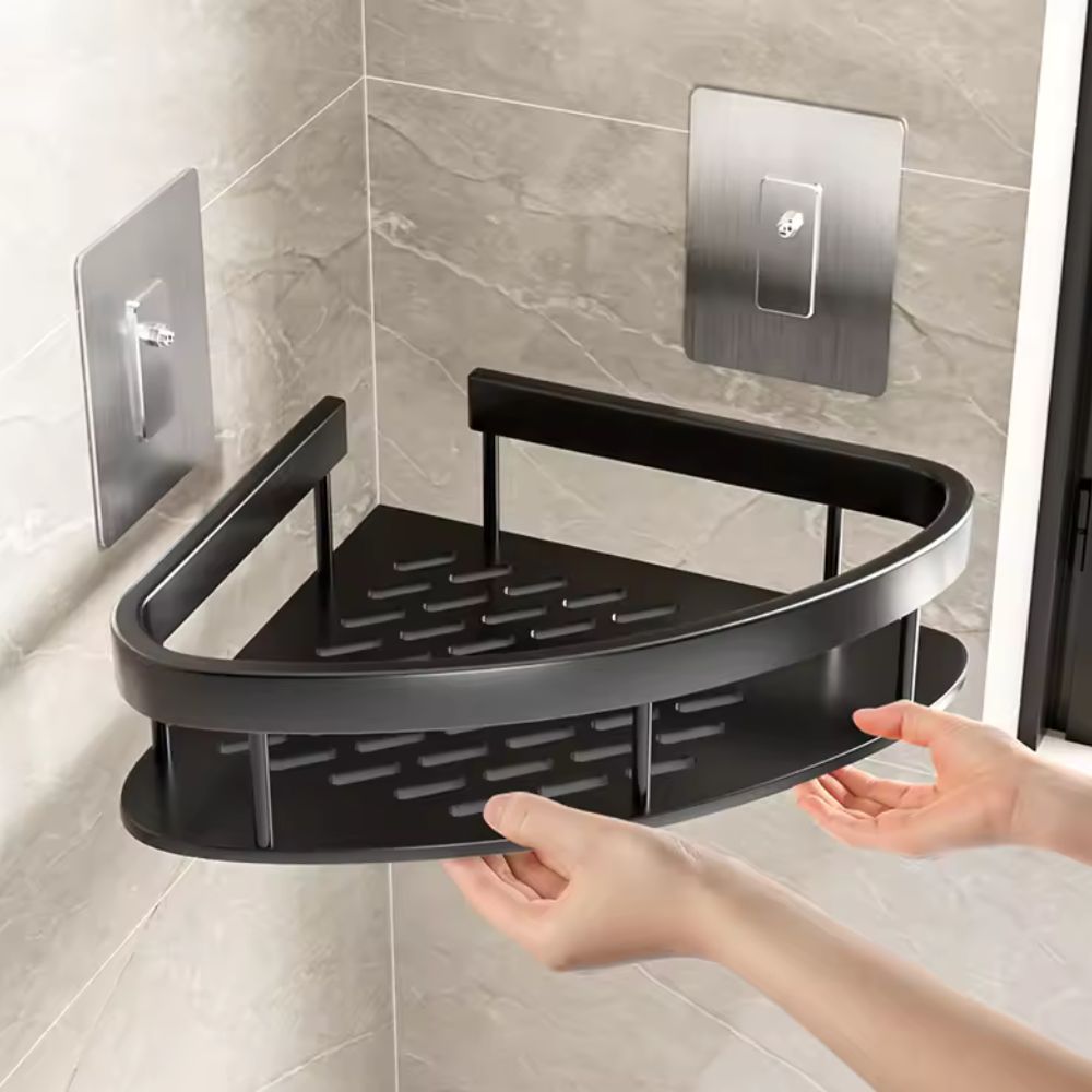 Højkvalitets brusekabine hylde i rustfri aluminium. Robust opbevaring til shampoo og sæbe.