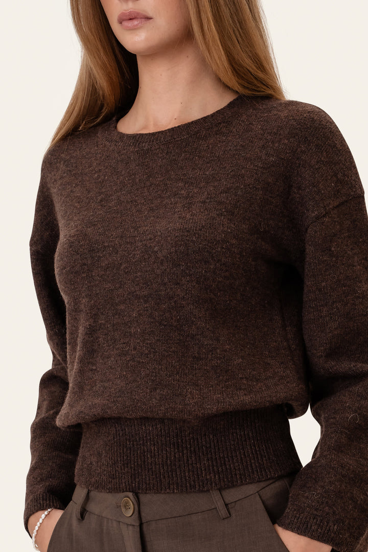 Nærbillede af mørkebrun blød damestriktrøje. Rundhals, langærmet sweater med hyggelig tekstur til efterår.