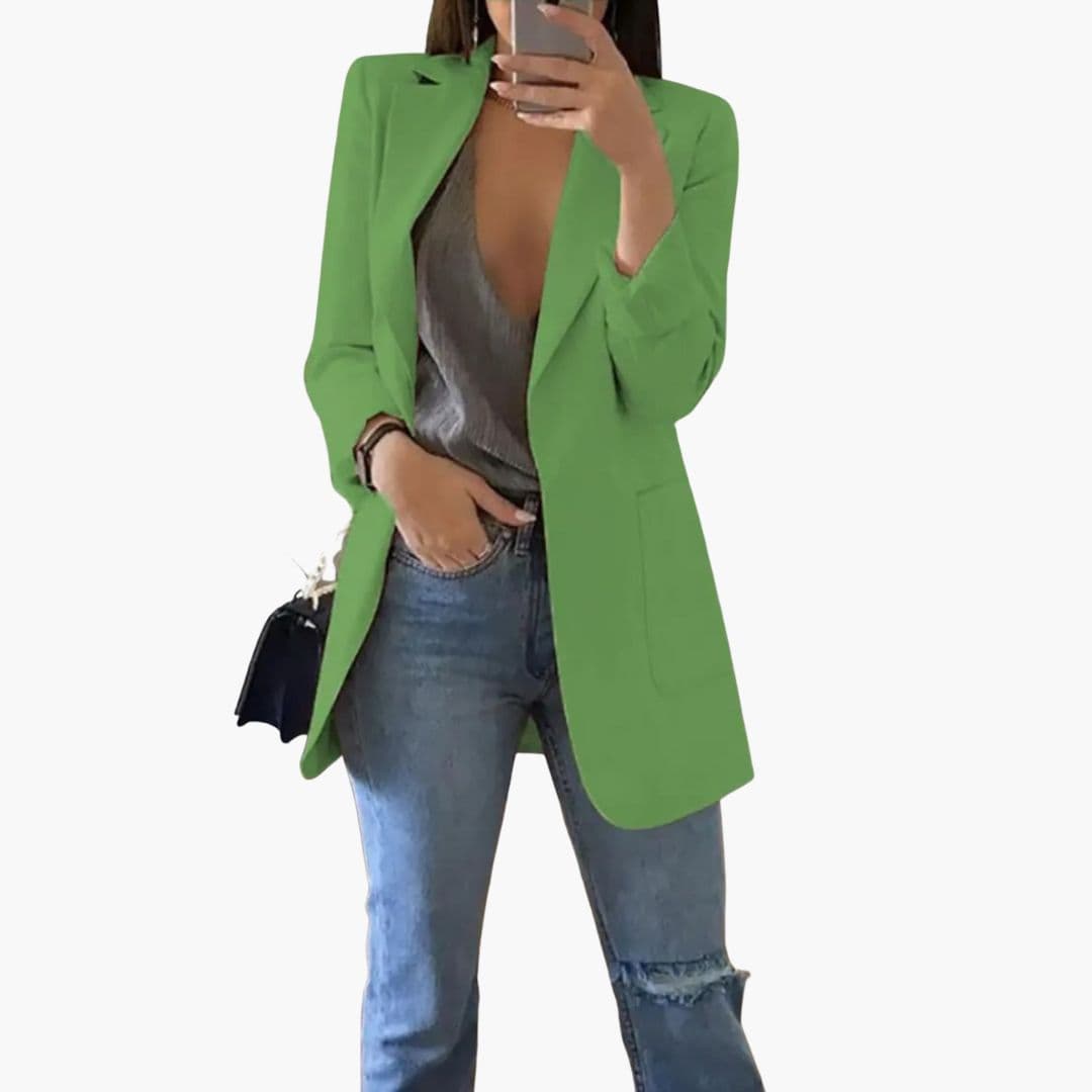 Professionel lang blazer til kvinder med reverskrave, perfekt for et skarpt og elegant udtryk.