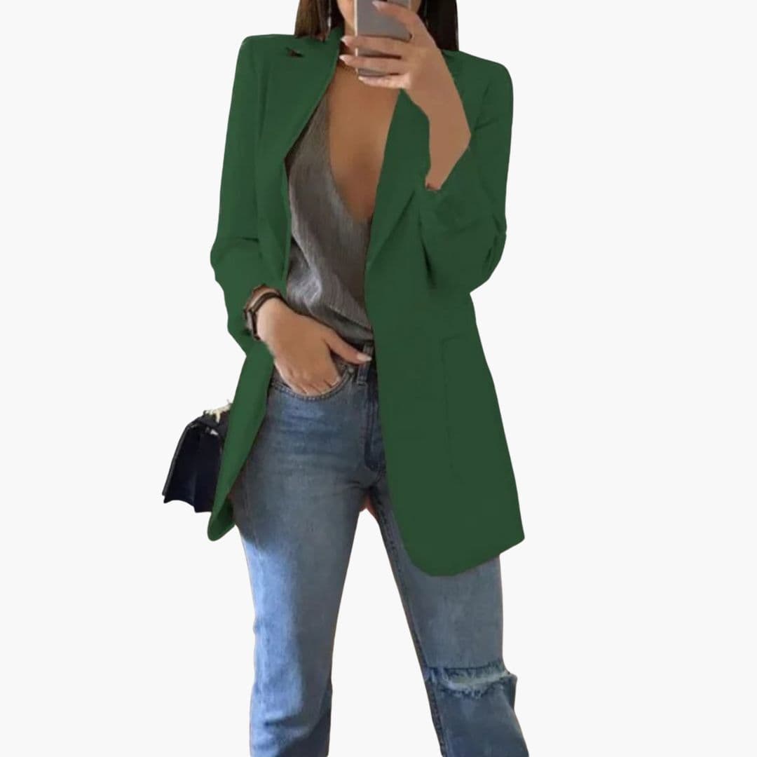 Feminin lang blazer til kvinder, med åben front og klassisk reverskrave, elegant dametøj.