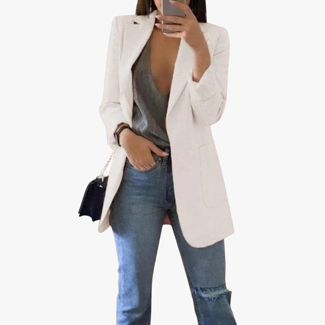 Modebevidst lang blazer til kvinder med åben front og reverskrave, ideel til kontor og fest.