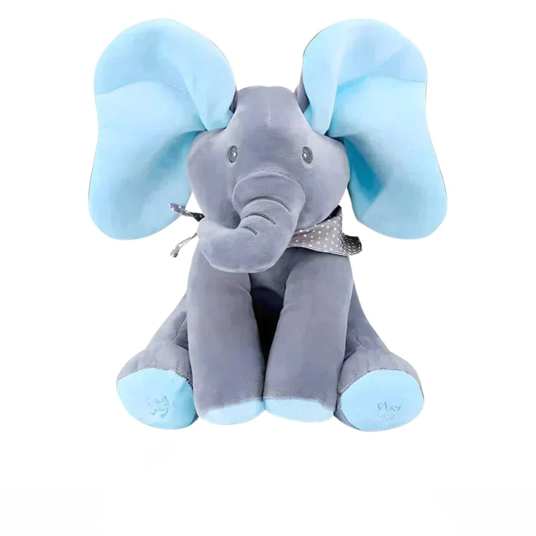 Blød interaktiv syngende elefant bamse med bevægelige ører. Plysdyr for leg og hygge.