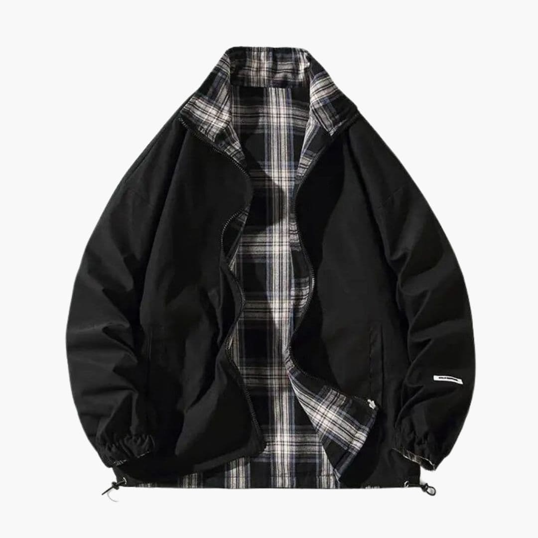 Sort unisex retro bomberjakke med ternet for, der giver et klassisk og stilfuldt hverdagslook.