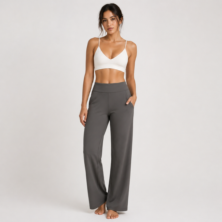 Elegante dame wide-leg bukser med komfortabelt flow, perfekte til hverdagsbrug og lounge.