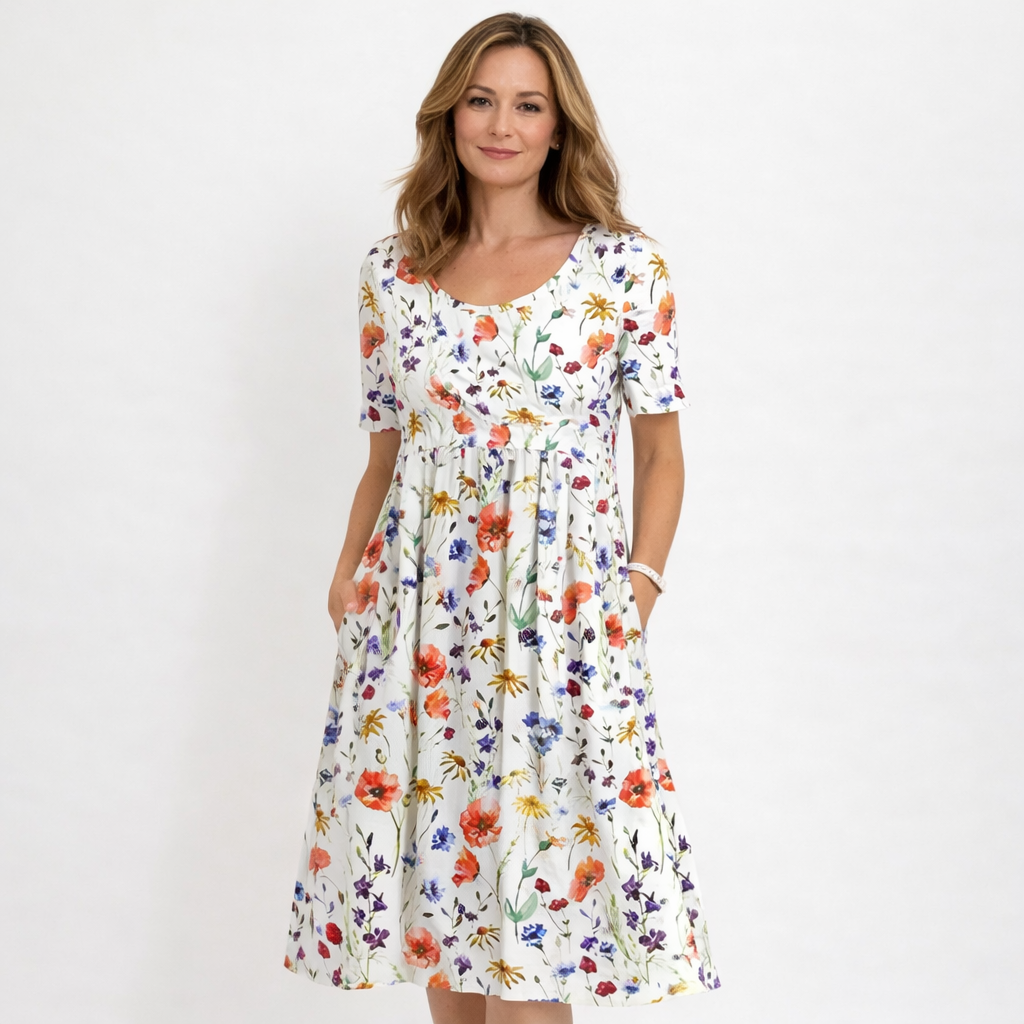 Vintage blomsterkjole til kvinder, med romantisk snit og A-form, perfekt som elegant sommerkjole.