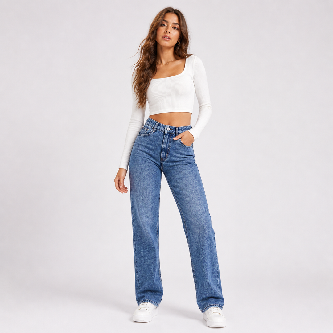 Dame højtaljede jeans med vide ben i mørkeblå denim. Komfortable og stilfulde til hverdag.