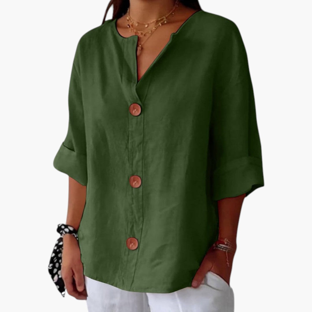 Farverig kvindebluse med bred hals, langærmet, der giver stil og komfort til din alsidige sommergarderobe.