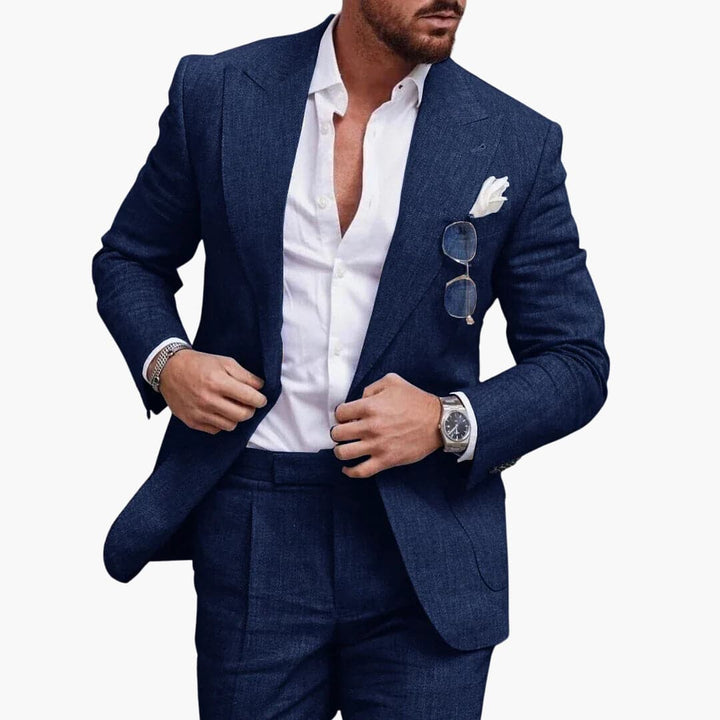 Klassisk herre jakkesæt med stilfuld reverskrave. Et must-have for et formelt og elegant sommerlook.