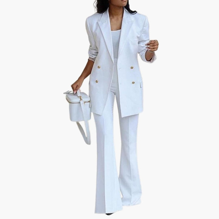 Elegant dobbeltradet blazer og bredbensbukser sæt til kvinder. Perfekt formelt damekostume til kontorstil eller fest.