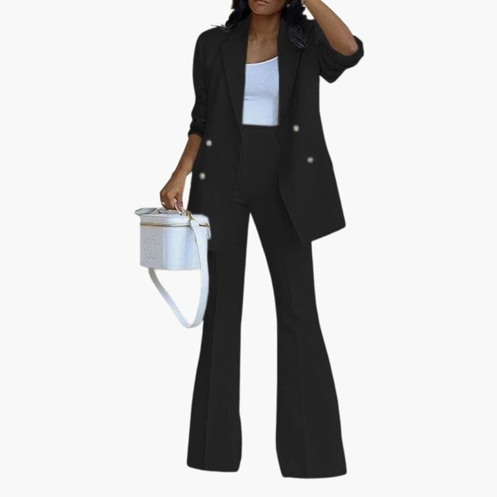 Komplet dame buksesæt: Elegant dobbeltradet blazer & brede benbukser. Ideel kontorstil og formel festtøj.