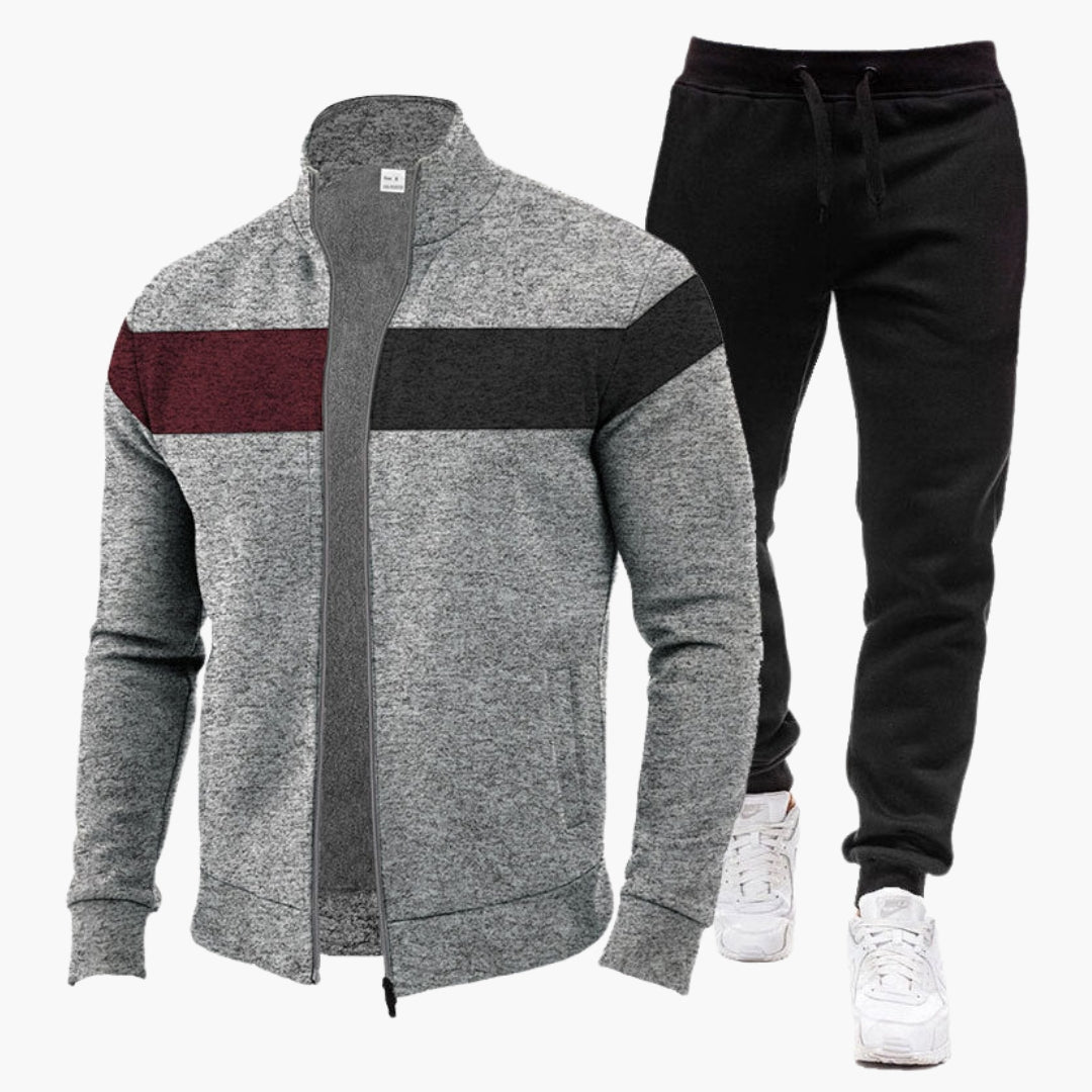 Komfortabelt herre komfortsæt: Blød højhalset zip-sweatshirt og afslappede joggerbukser til hverdagsbrug.