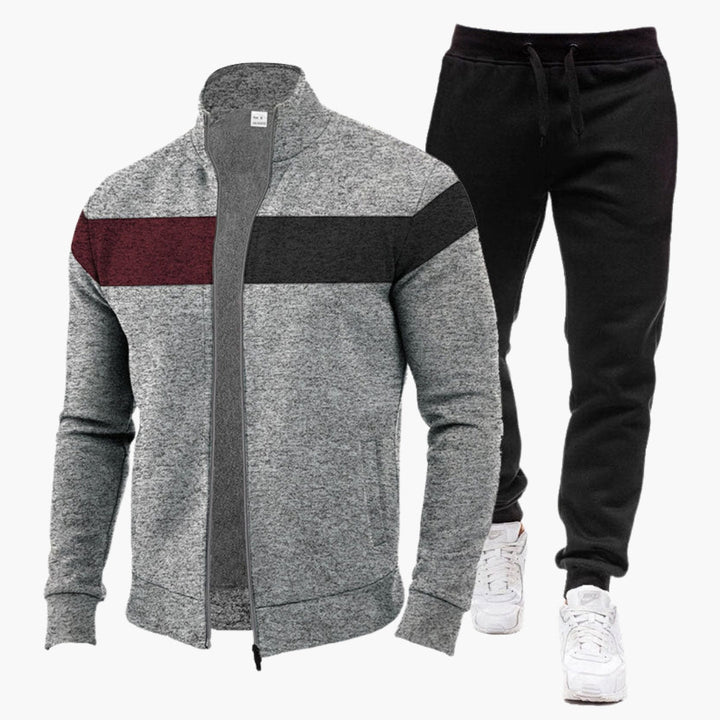 Komfortabelt herre komfortsæt: Blød højhalset zip-sweatshirt og afslappede joggerbukser til hverdagsbrug.