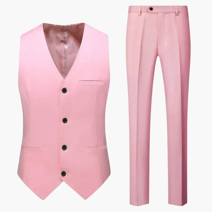 Detaljebillede af et elegant mørkt herre jakkesæt med vest. Klassisk og tidløst design til mænd.